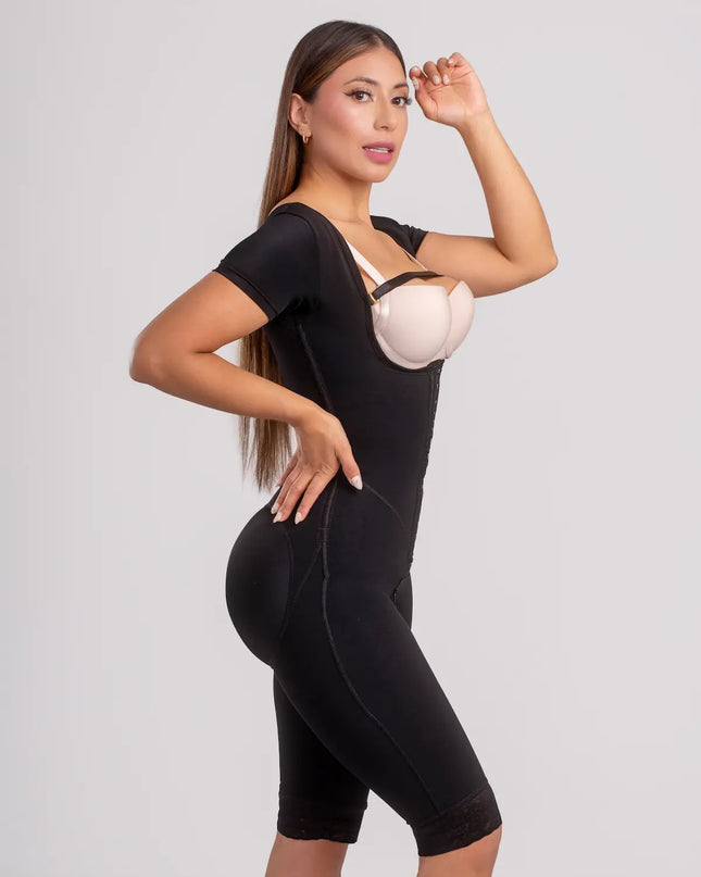 Faja reloj de arena manga 3/4  hasta la rodilla con cremallera perineal y broche central